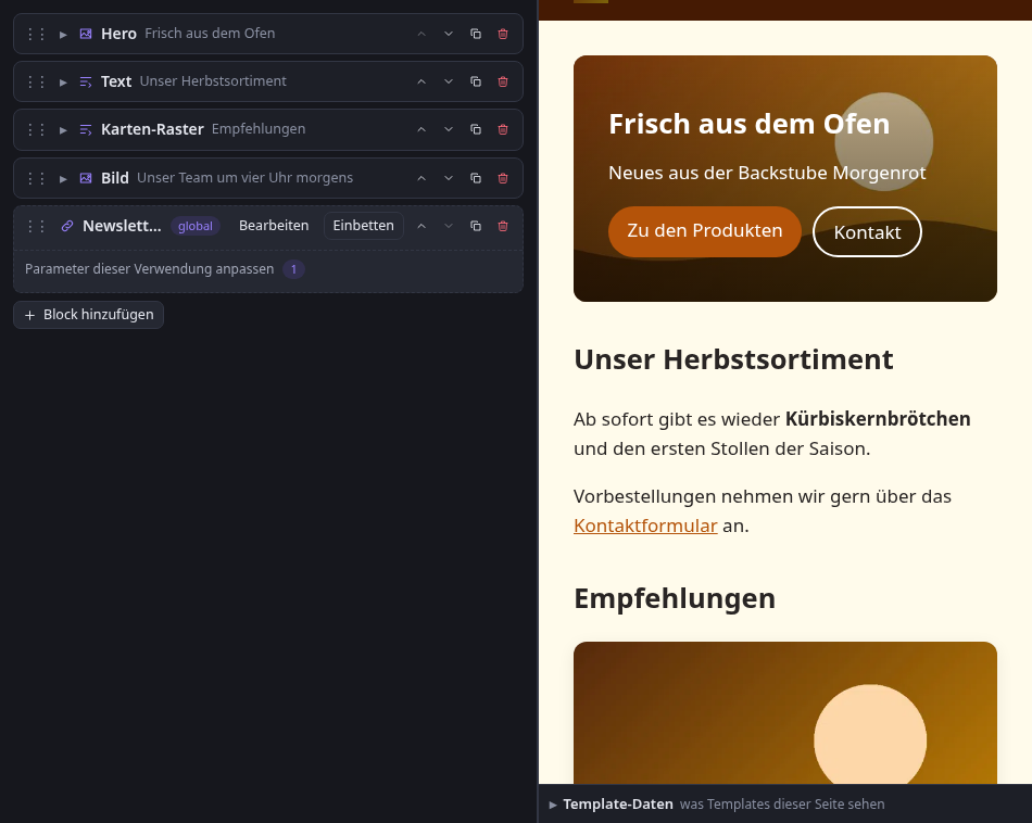 Der Seitenbaukasten: links die Blockliste, rechts die Vorschau. Der globale Block unten lässt sich je Verwendung anpassen.