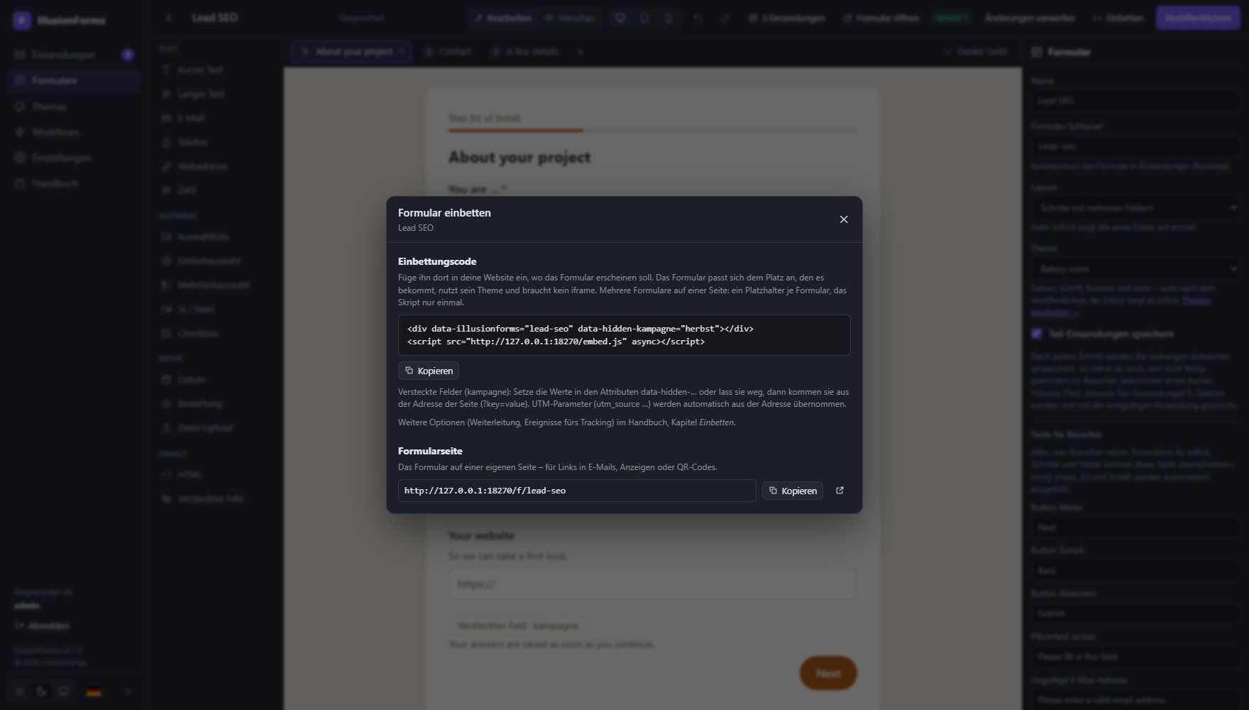 Der Dialog „Einbetten“ liefert den Code für die eigene Website und die Adresse der Formularseite.
