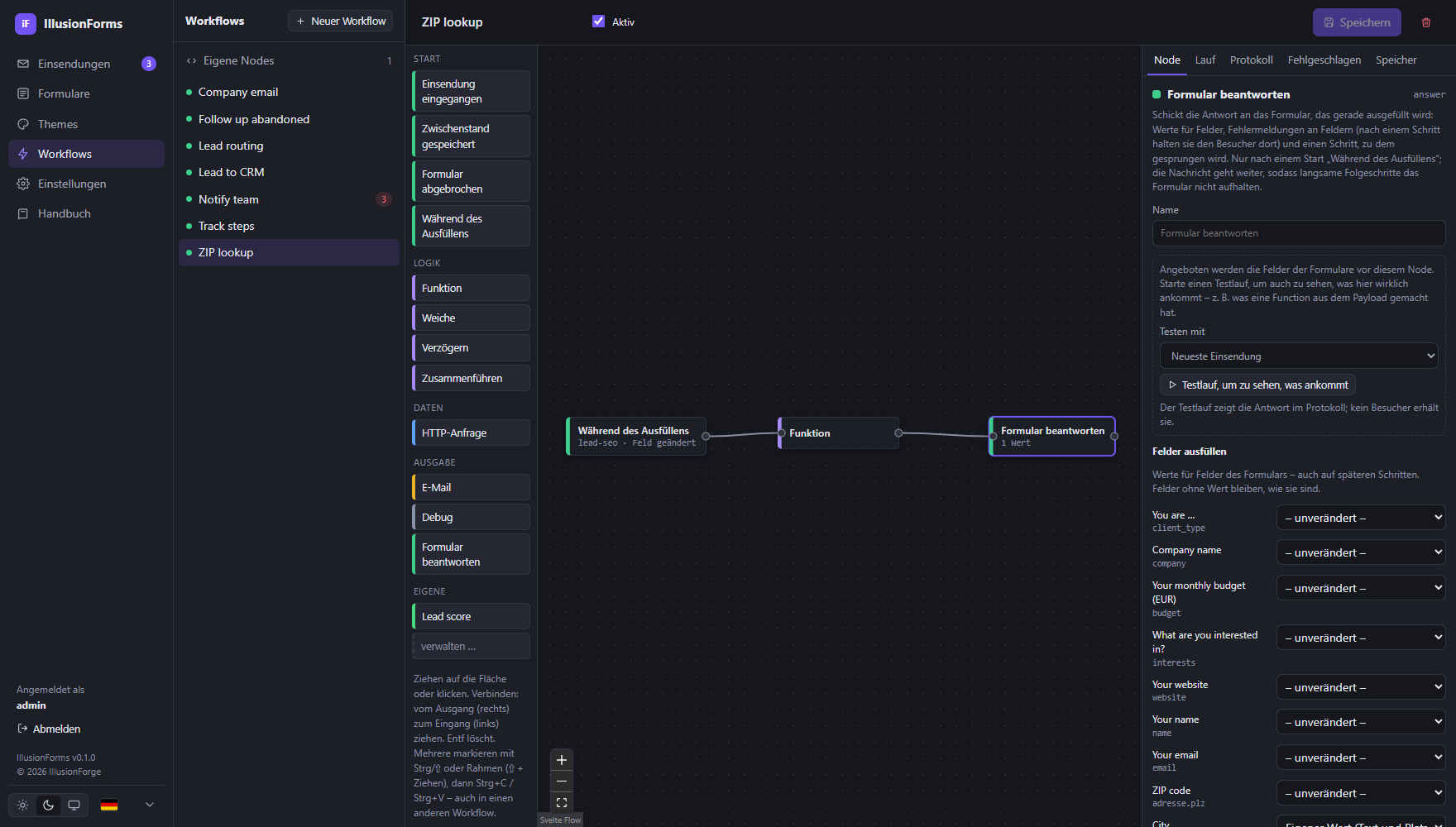 Der Workflow „ZIP lookup“: Start beim Ändern eines Feldes, eine Function sucht den Ort, „Formular beantworten“ trägt ihn ins Feld „City“ ein.