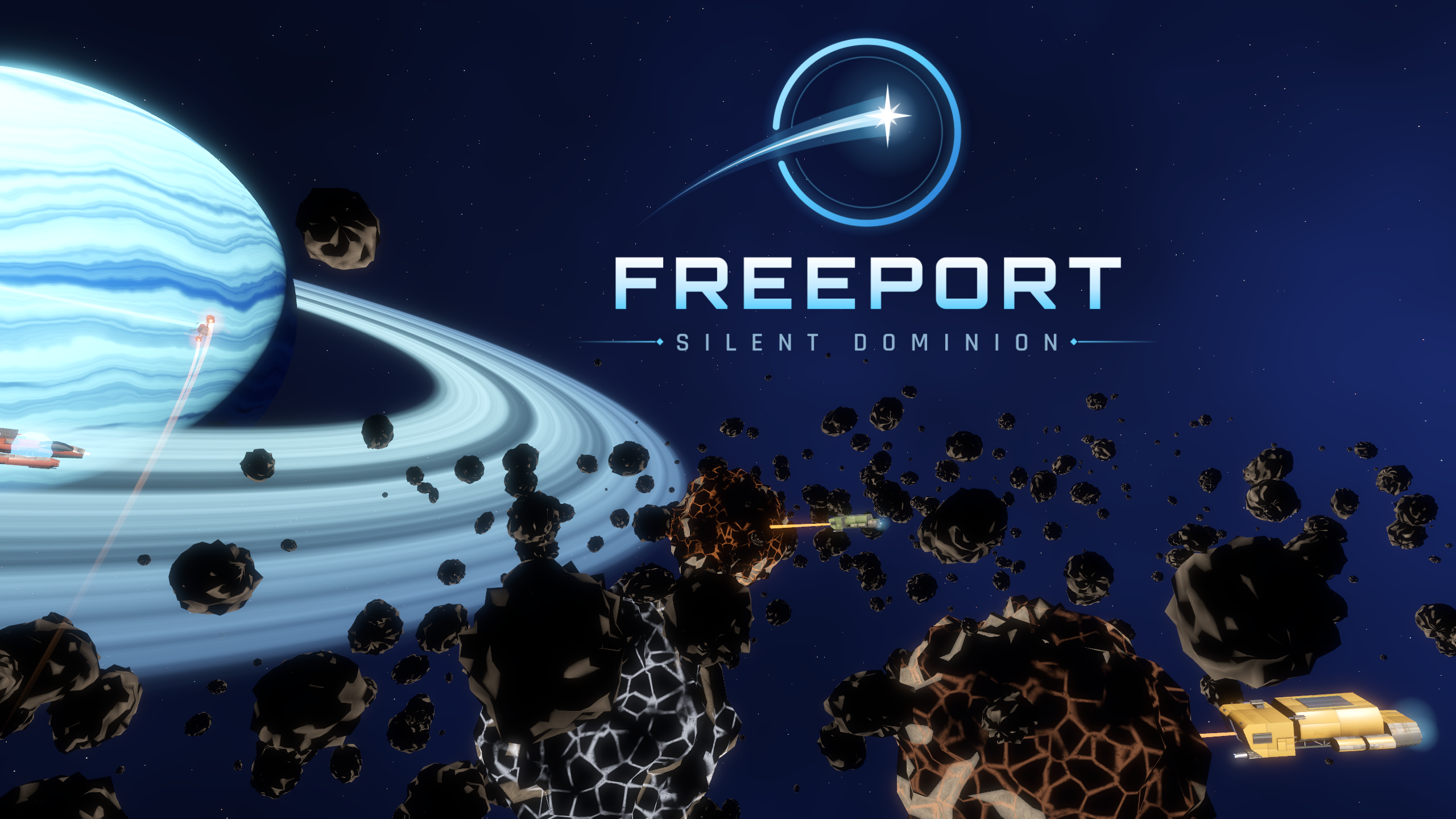 Freeport: Silent Dominion – Schiffe im Asteroidenfeld vor einem Ringplaneten