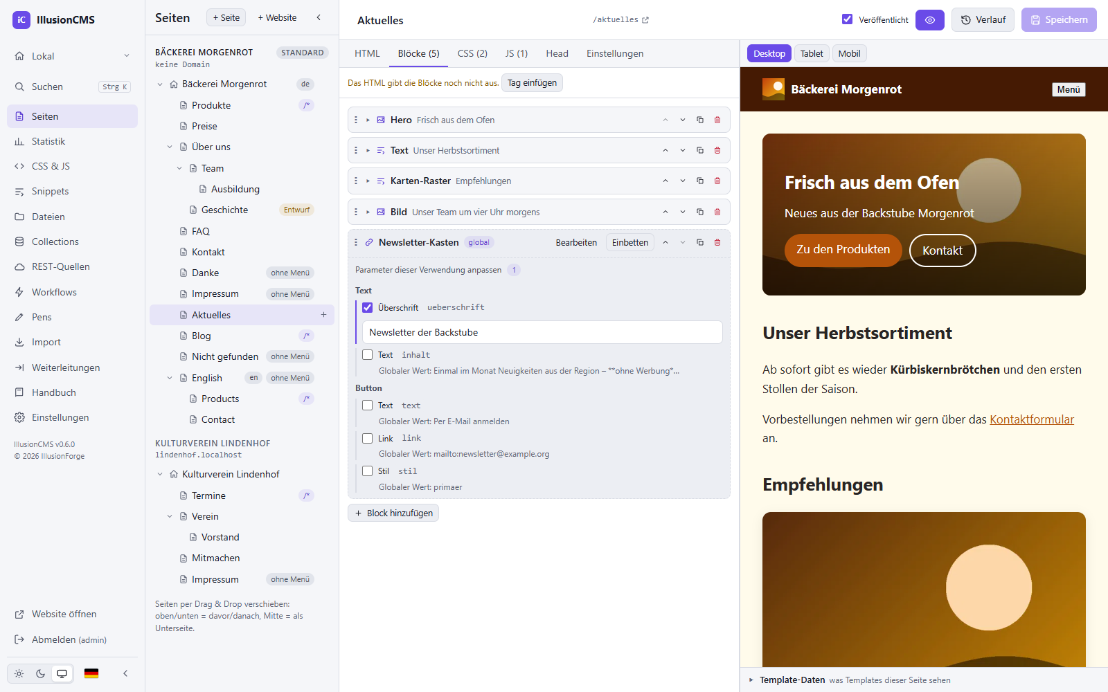 IllusionCMS: Seitenbaukasten mit Block-Liste und angepassten Parametern eines globalen Blocks neben der Live-Vorschau