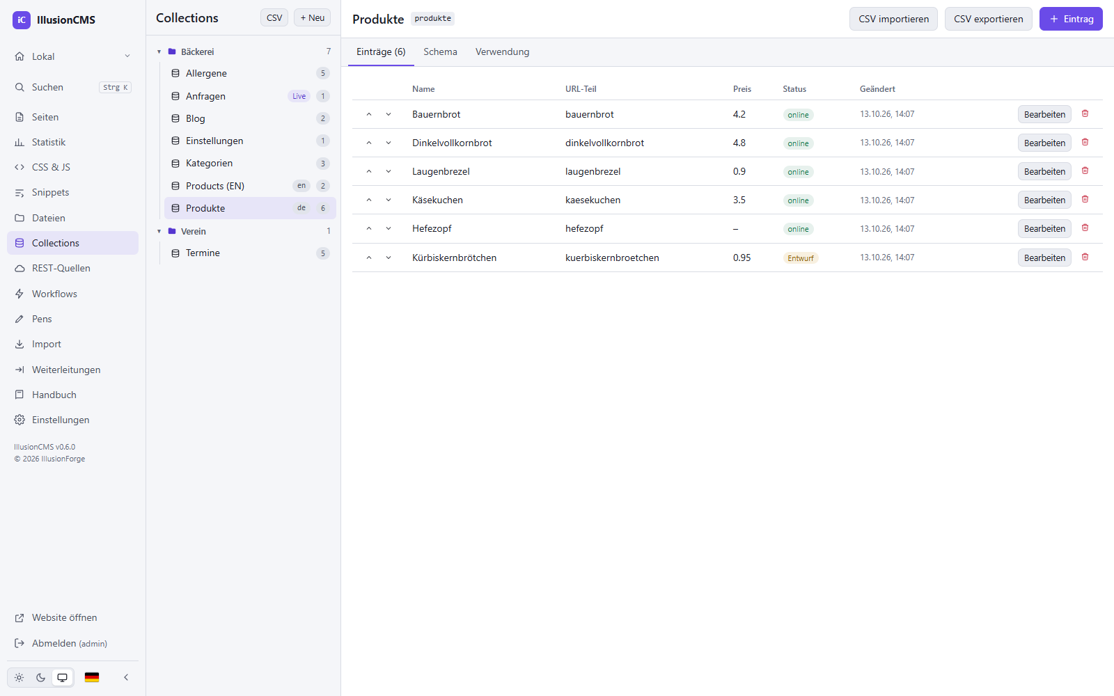 IllusionCMS: Collection mit Einträgen, Status und Änderungsdatum