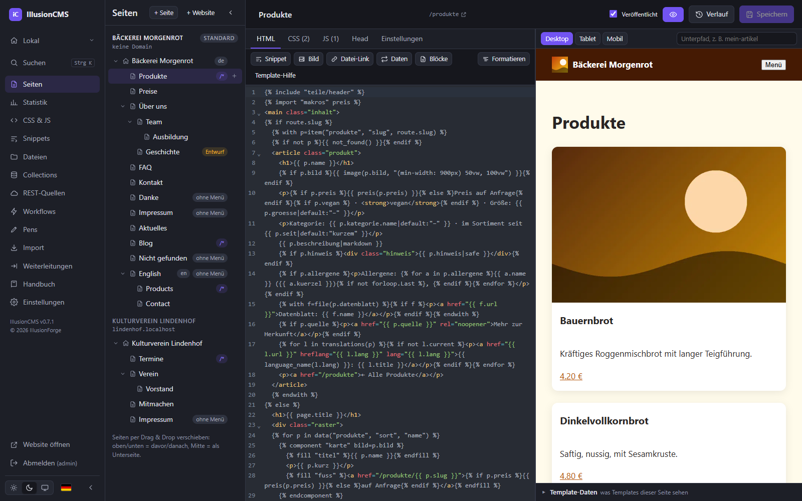 IllusionCMS: Seiten-Editor mit Seitenbaum, Code-Editor und Live-Vorschau