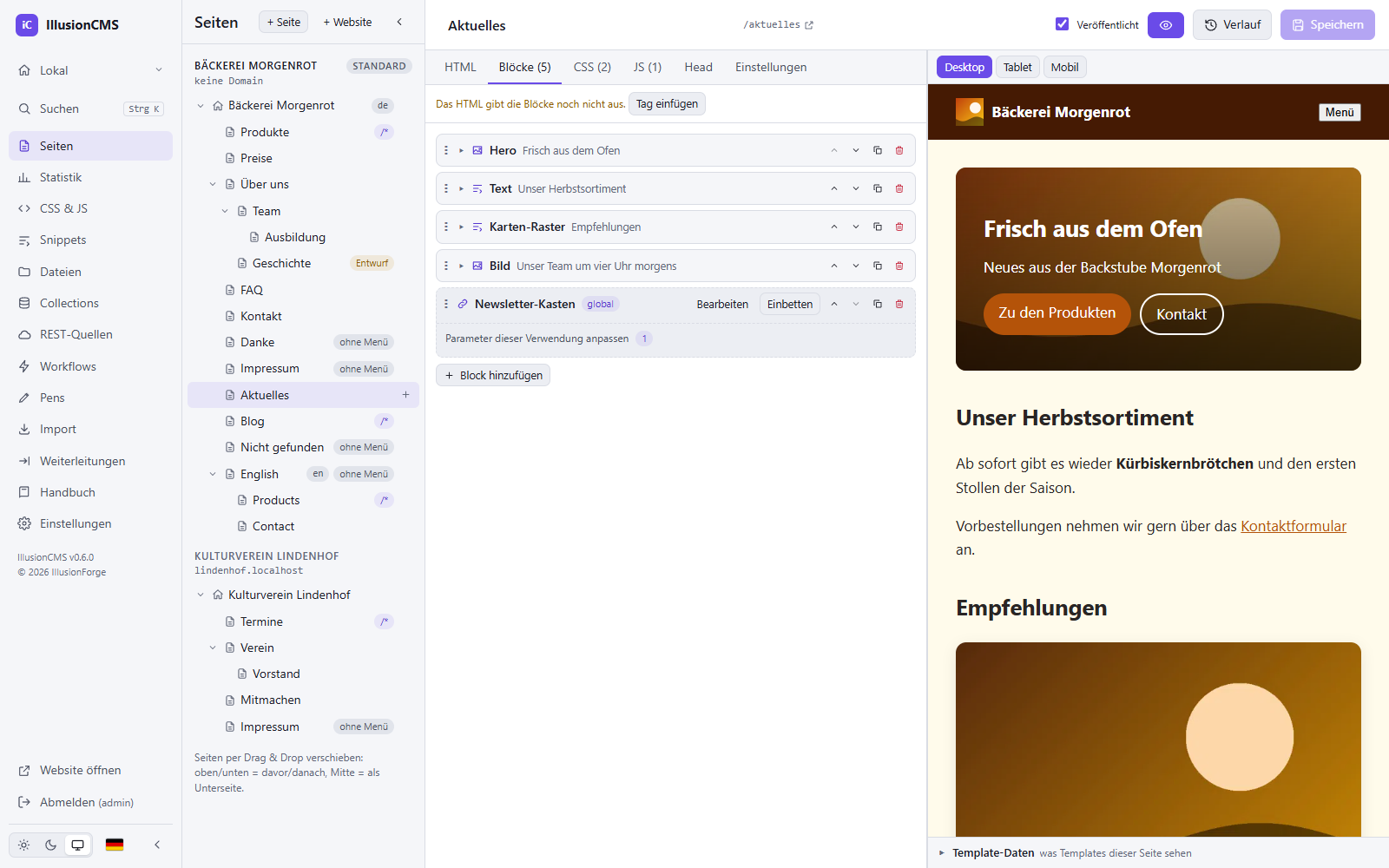IllusionCMS: Seitenbaukasten mit Hero, Text, Karten-Raster und globalem Block neben der Live-Vorschau