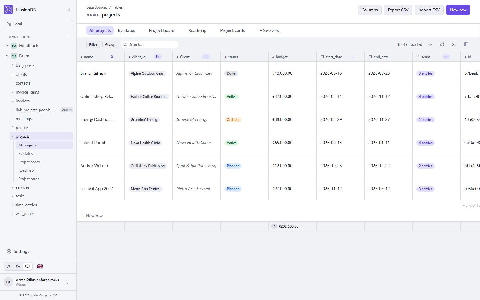 IllusionDB: Grid-Ansicht einer Projekttabelle mit Kunden-Lookup, Status-Labels, Budget-Summe und Team-Verknüpfungen