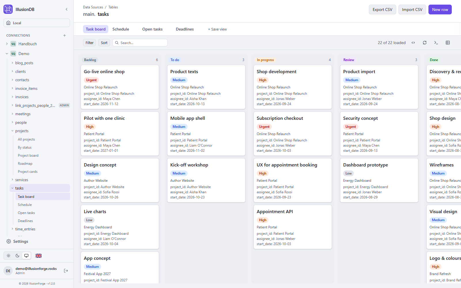 IllusionDB: Kanban-Board mit Aufgaben in fünf Status-Spalten