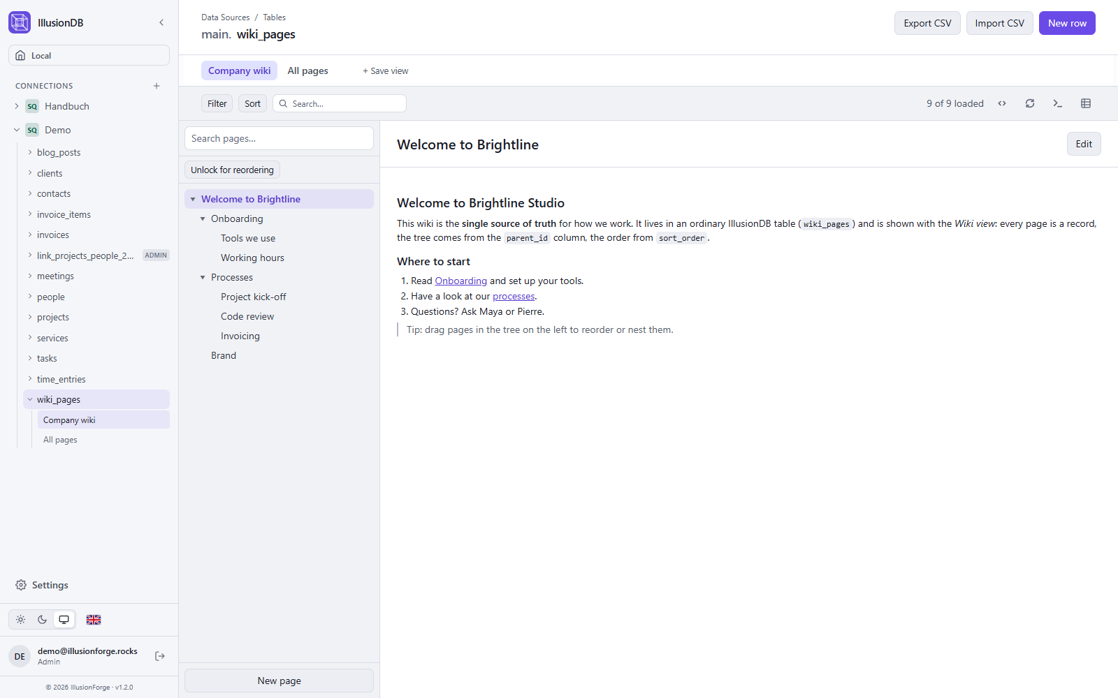 IllusionDB: Wiki-Ansicht mit Seitenbaum und gerenderter Seite
