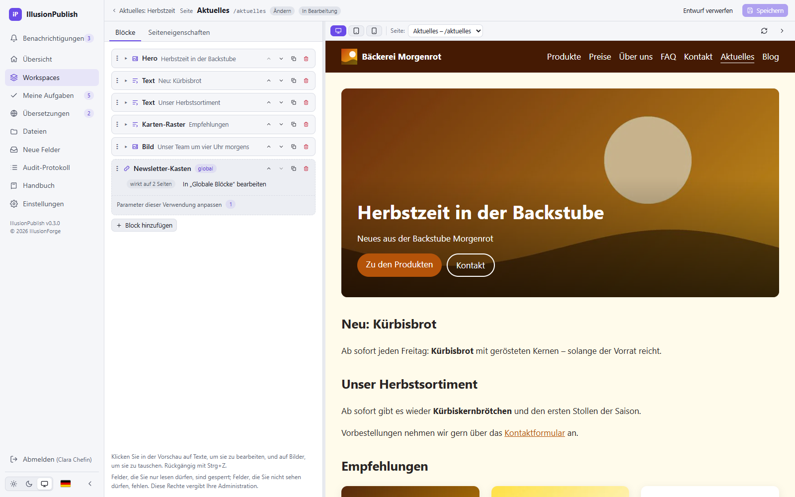 IllusionPublish: Editor mit Block-Liste und Live-Vorschau der Seite, Texte direkt auf der Seite bearbeiten