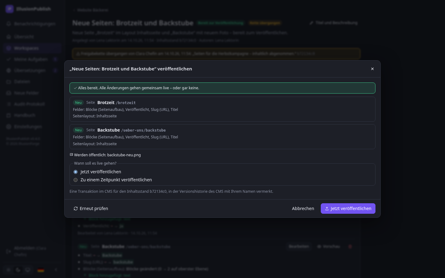 Die Vorabprüfung listet vor dem Veröffentlichen alles auf, was sich ändert.
