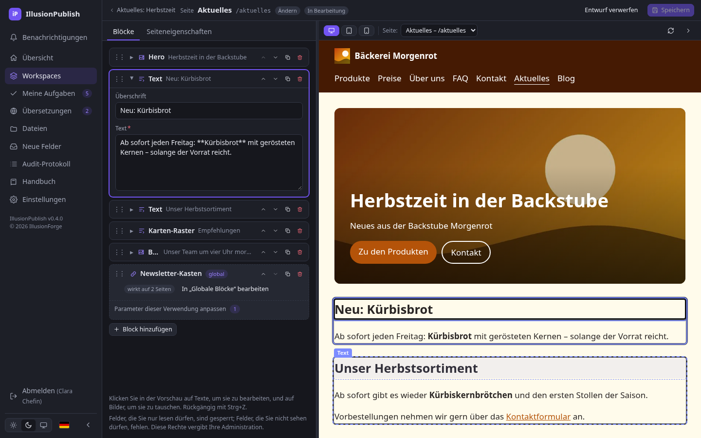 Der visuelle Editor: Die Vorschau markiert den Block, den man gerade berührt, und Texte lassen sich direkt auf der Seite ändern.