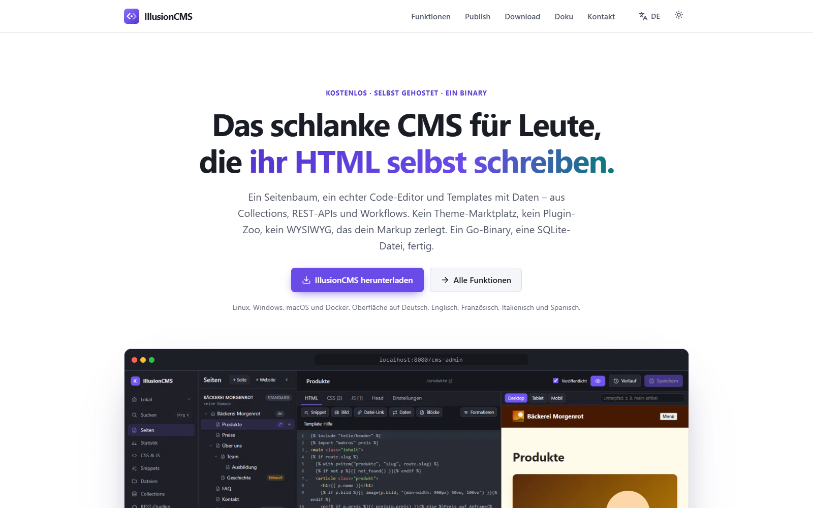 Startseite von illusioncms.com mit dem Seiten-Editor im Kopfbereich
